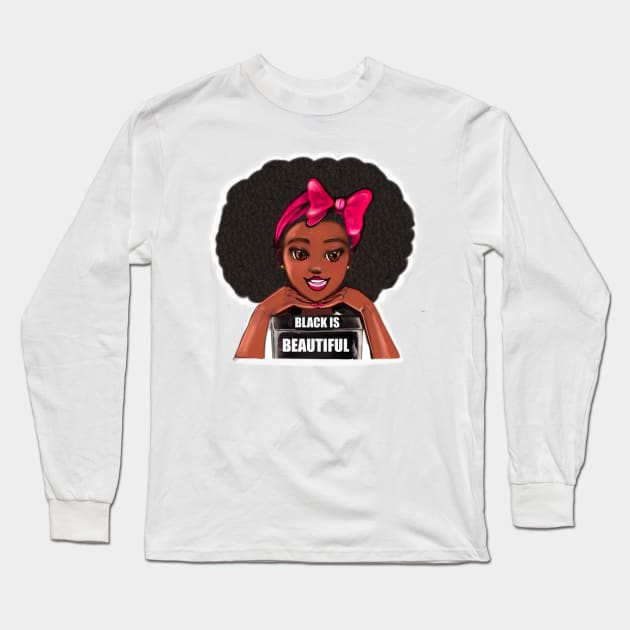 Queen Black is beautiful black girl with Big afro, pink bow, brown eyes and dark brown skin ! Long Sleeve T-Shirt by Artonmytee